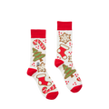 Pair of Christmas-themed socks with red cuffs on a white background