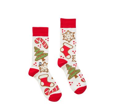 Pair of Christmas-themed socks with red cuffs on a white background